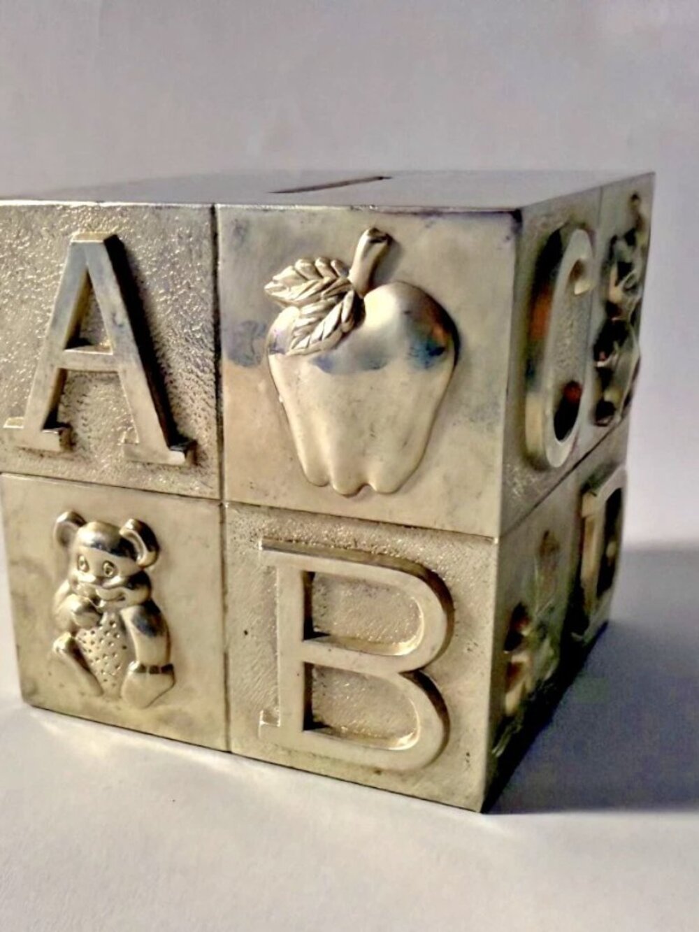 Vintage Silver-Plated ABC Alphabet Animal Block Coin Bank, Hong Kong